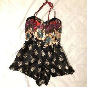 Black floral halter top romper